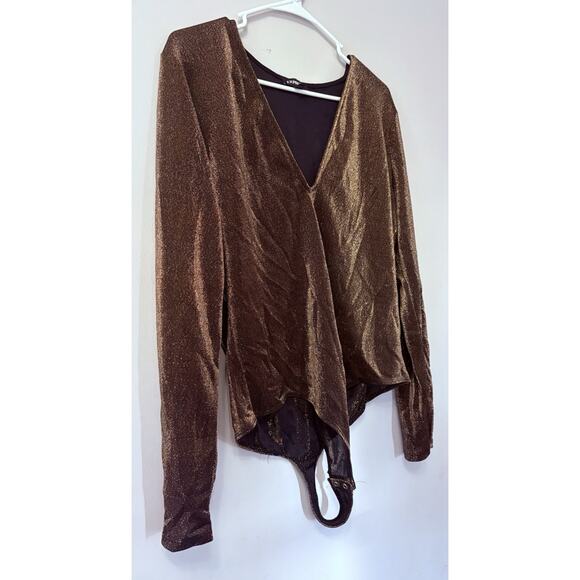 Express Metallic Brown Deep V-Neck Long Sleeve Bodysuit – Size XL, Party Top - Picture 3 of 5
